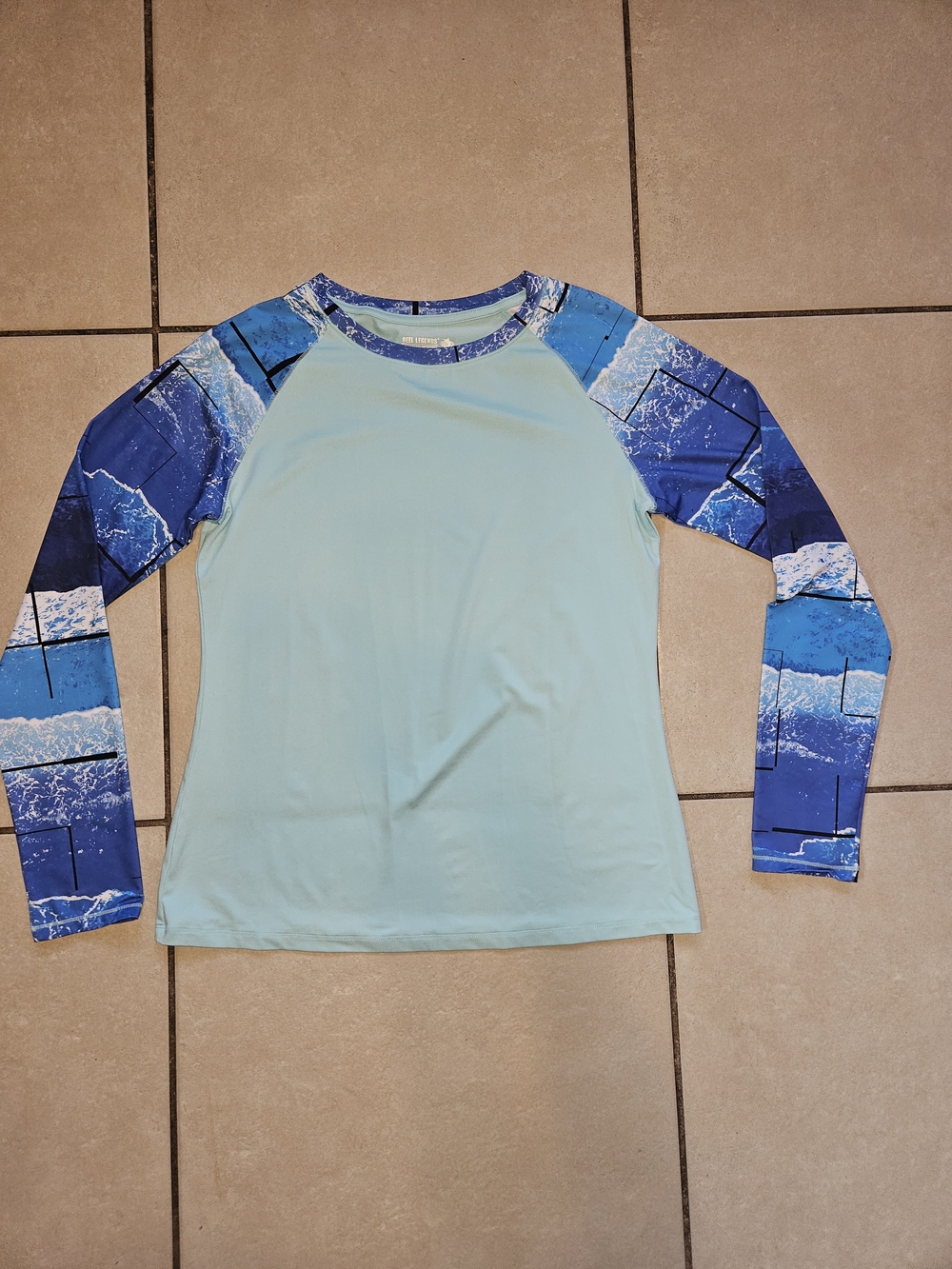 Reel Legends Aqua Body Long-Sleeve Tee with Blue Wave Print Sleeves